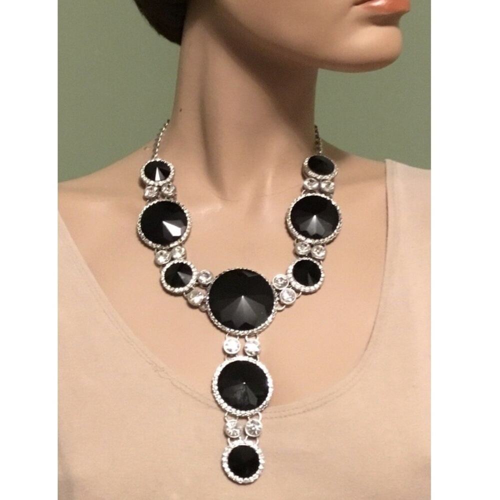 Butler and Wilson Black Faceted Resin Crystal/Rhinestone Y statement NECKLACE